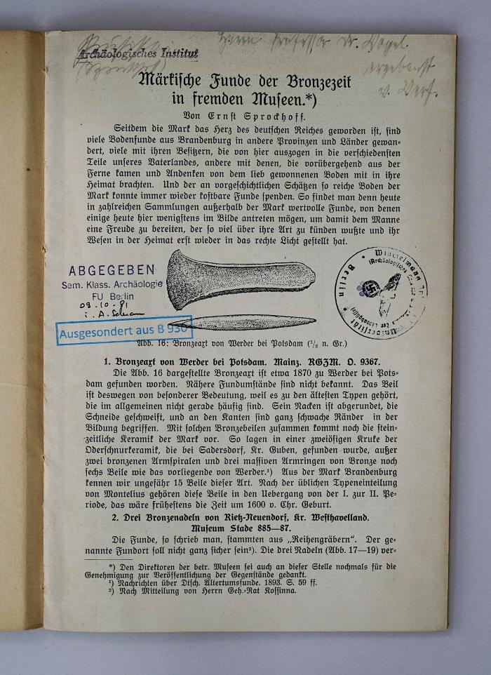 Q 262 (ausgesondert) : Märkische Funde der Bronzezeit in fremden Museen