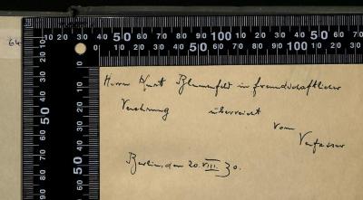 - (Traub, Michael;Blumenfeld, Kurt), Von Hand: Widmung, Datum, Ortsangabe; 'Herrn Kurt Blumenfeld in freundschaftlicher
Verehrung überrecht
vom
Verfasser

Berlin, 20.VIII.30'. 