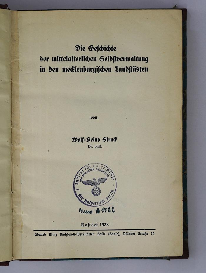 (ausgesondert) : Die Geschichte der mittelalterlichen Selbstverwaltung in den mecklenburgischen Landstädten (1938)