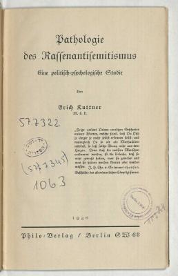 Z-3590 : Pathologie des Rassenantisemitismus : e. polit.-psycholog. Studie (1930)