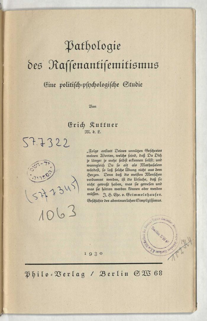 Z-3590 : Pathologie des Rassenantisemitismus : e. polit.-psycholog. Studie (1930)