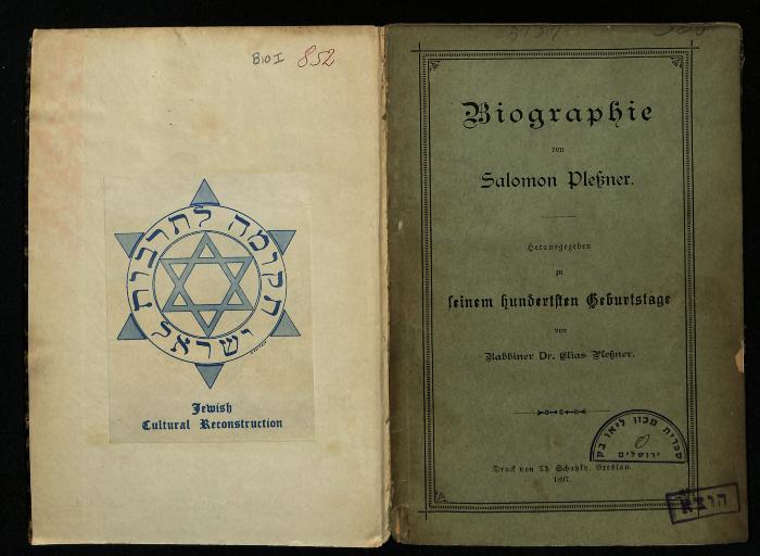 BIO I 852 : Biographie von Salomon Plessner. Zu seinem hundertsten Geburtstage. (1897)