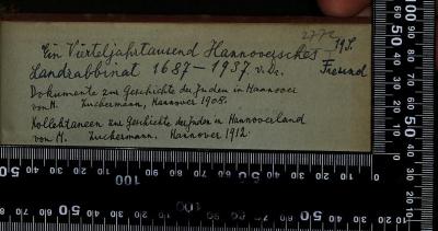 - (Diamant, Paul Josef), Von Hand: Notiz; '19 J
Ein Vierteltausend Hannoversches 
Landrabinna 1687-1937 von Dr, Freund

Dokumente zur Geschichte der Juden in Hannover
von M. Zuckermann, Hannover 1908

Kollektaneen zur Geschichte der Juden in Hannoverland
von M. Zuckermann, Hannover 1912'. 