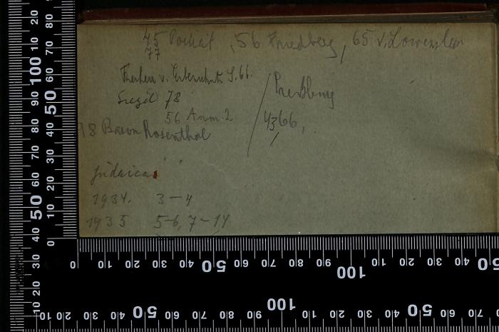 - (Diamant, Paul Josef), Von Hand: Notiz; '45 Porhait, 56 Friedberg, 65 W. Lowenstein
77

[...]

Preßburg 43, 66

Judaica
1934 3-4
1935 5-6, 7-14'. 