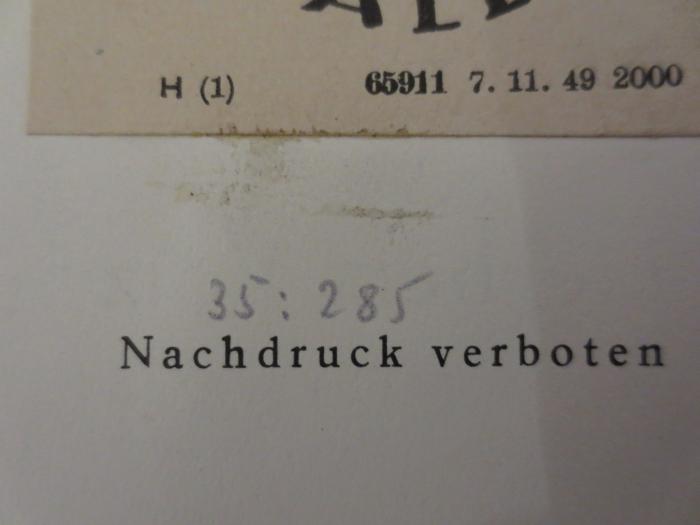 - (Stadtbibliothek Halle), Von Hand: Inventar-/ Zugangsnummer; '35:285'. 