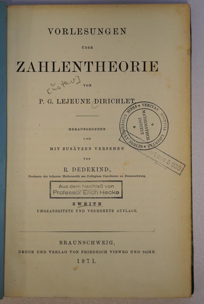 (ausgesondert) : Vorlesungen über Zahlentheorie (1871)