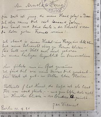 -, Von Hand: Widmung; 'An Arnold Zweig 
[...]
Jac Diament'