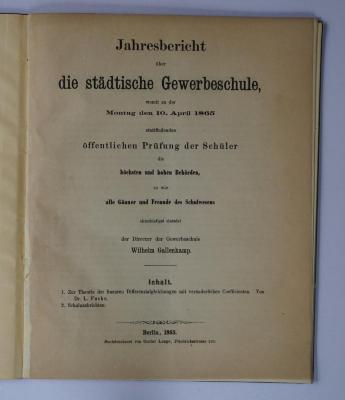 (ausgesondert) : Jahresbericht über die städtische Gewerbeschule (1865)