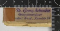 - (Georg Schreiber), Stempel: Exlibris, Ortsangabe; 'Dr. Georg Schreiber Universitätsprofessor Münster i. Westf., Kanalstr. 14'.  (Prototyp)