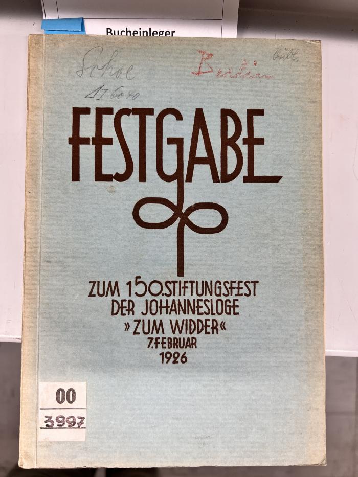 00/3997 : Geschichte der St. Johannis-Loge "Zum Widder" : 1776-1926 (1926)