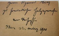- (Münz, Sigmund;Helfert, Joseph Alexander von), Von Hand: Widmung, Name, Autor, Datum, Ortsangabe; 'Herrn Sigmund Münz 
zu freundlicher Entgegennahme
vom Verfasser
Wien 22. März 1900'. 