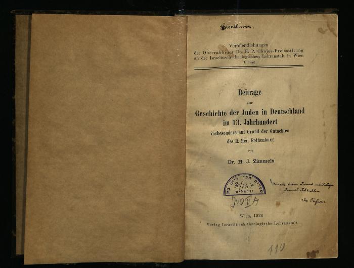 JUD II A 90/657 : Beiträge zur Geschichte der Juden in Deutschland im 13. Jahrhundert (1926)