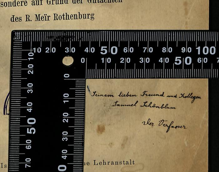 - (Zimmels, Hirsch Jakob;Schönblum, Samuel), Von Hand: Widmung; 'Seinen lieben Freund und Kollegen
Samuel Schönblum

der Verfasser'. 