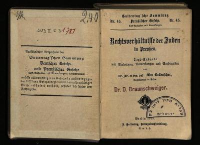 JUD II E3 1781 : Rechtsverhältnisse der Juden in Preußen. (1910)