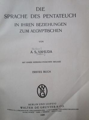 Sb 71 1: Die Sprache des Pentateuch in ihren Beziehungen zum Ägyptischen. Erstes Buch (1929)