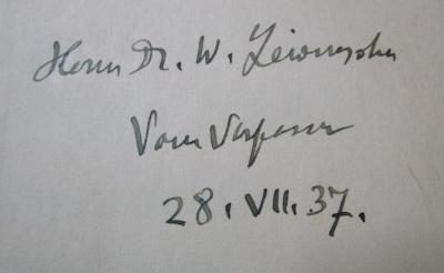 Sb 71 1: Die Sprache des Pentateuch in ihren Beziehungen zum Ägyptischen. Erstes Buch (1929);- (Yahuda, Abraham Shalom;Lewinsohn, W.), Von Hand: Widmung, Autor, Datum, Berufsangabe/Titel/Branche, Name; 'Herrn Dr. W. Lewinsohn vom Verfasser
28. VII. 37.'. 