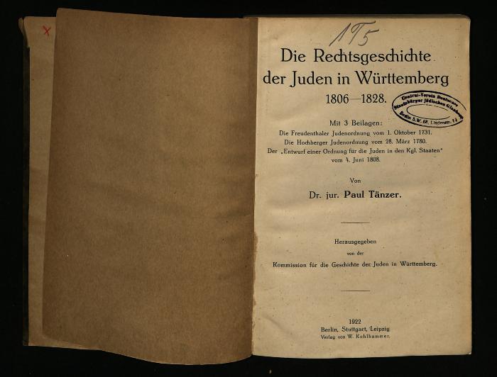 JUD II E4 1932 : Die Rechtsgeschichte der Juden in Württemberg 1801-1828 (1922)