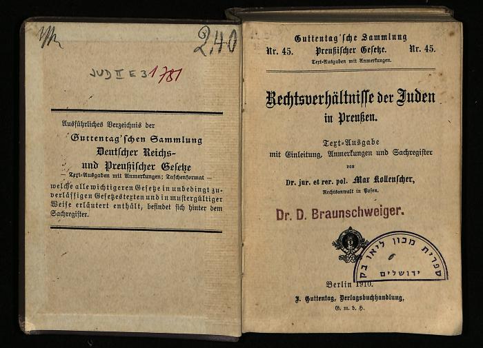 JUD II E3 1781 : Rechtsverhältnisse der Juden in Preußen. (1910)