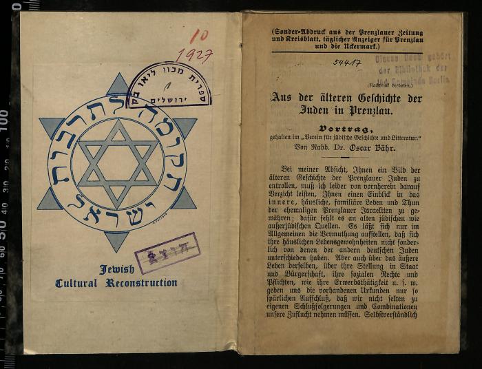 JUD II F8 1927 : Aus der älteren Geschichte der Juden in Prenzlau (1901)