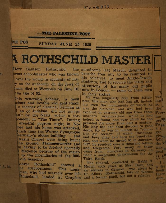 -, Papier: ; 'The Palestine Post 
Sunday June 25 1933

A Rothshild Master 

[...]'