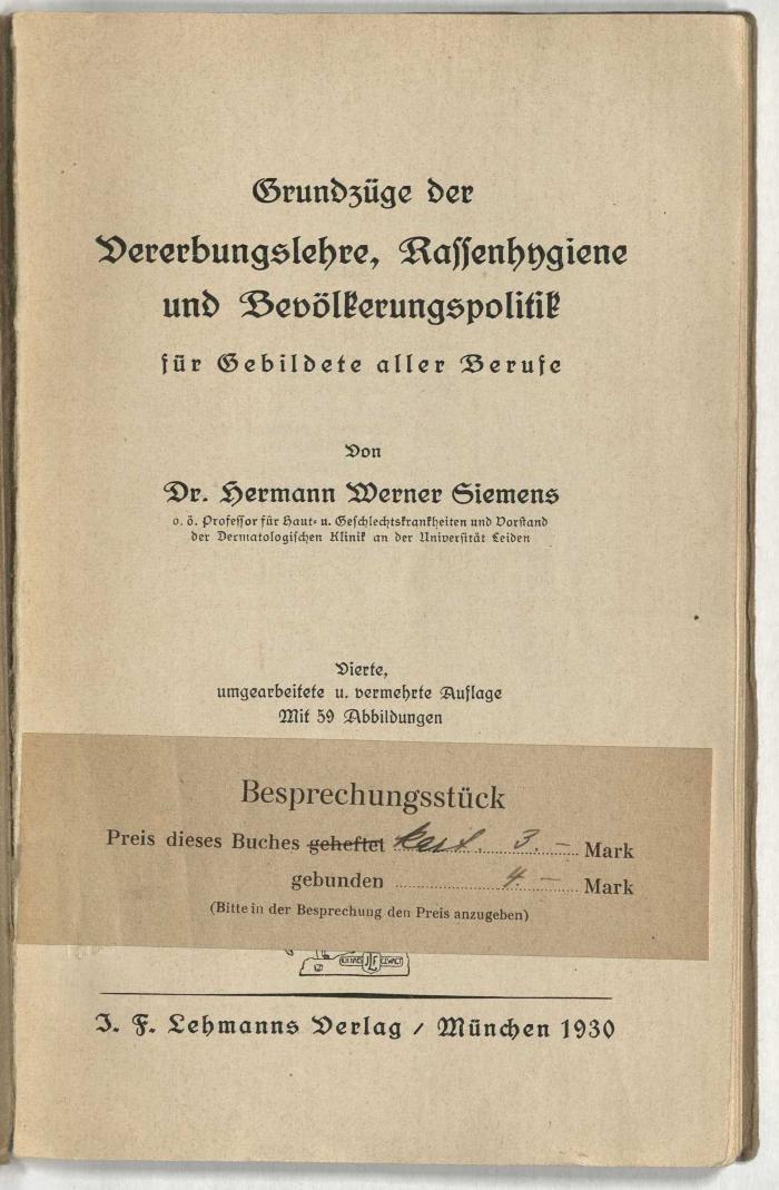 Z-1029 : Grundzüge der Vererbungslehre, Rassenhygiene und Bevölkerungspolitik : für Gebildete aller Berufe (1930)