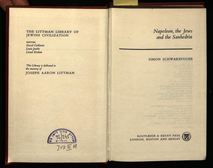 JUD III H 92/245 : Napoleon, the Jews and the Sanhedrin (1979)