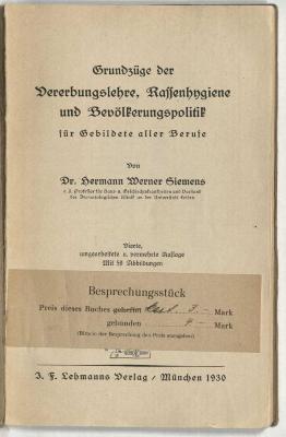 Z-1029 : Grundzüge der Vererbungslehre, Rassenhygiene und Bevölkerungspolitik : für Gebildete aller Berufe (1930)