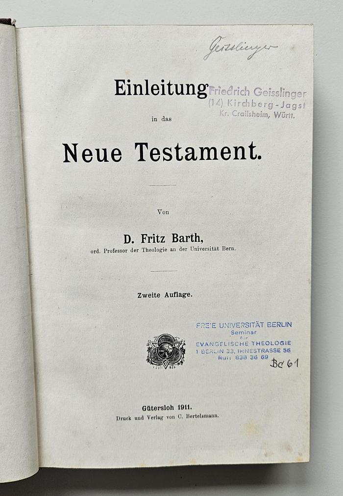 BC 6030 B284(2) : Einleitung in das Neue Testament (1911)