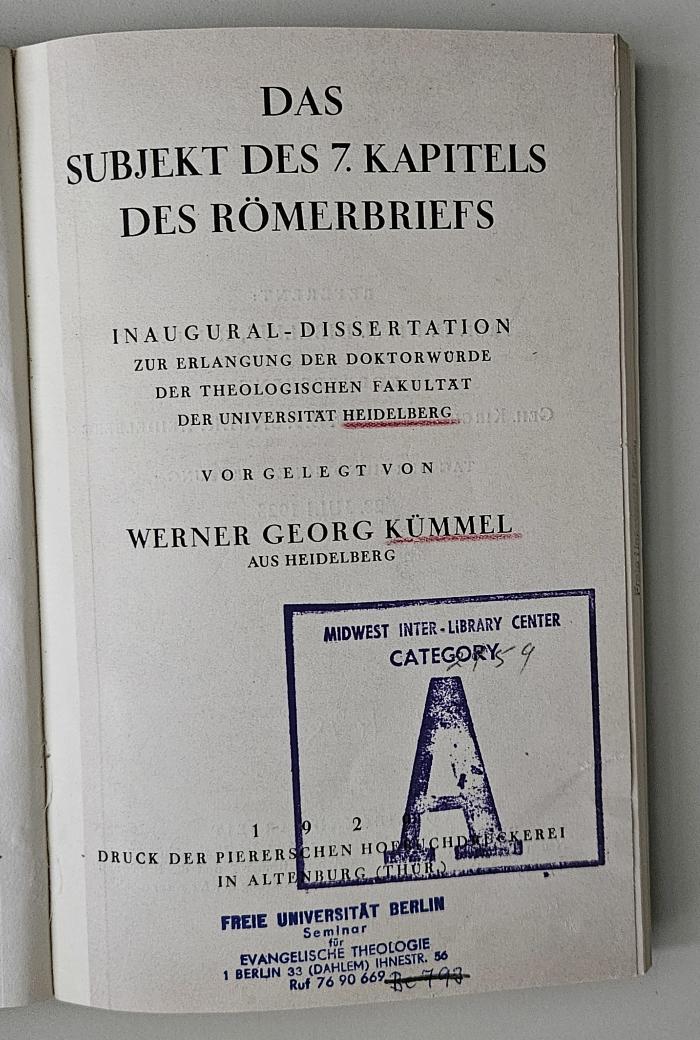 BC 7290 K95 : Das Subjekt des 7. Kapitels des Römerbriefes (1929)