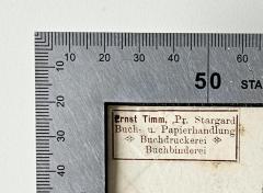 -, Etikett: Buchbinder, Buchhändler; 'Ernst Timm, Pr. Stargard Buch- u. Papierhandlung, Buchdruckerei, Buchbinderei'