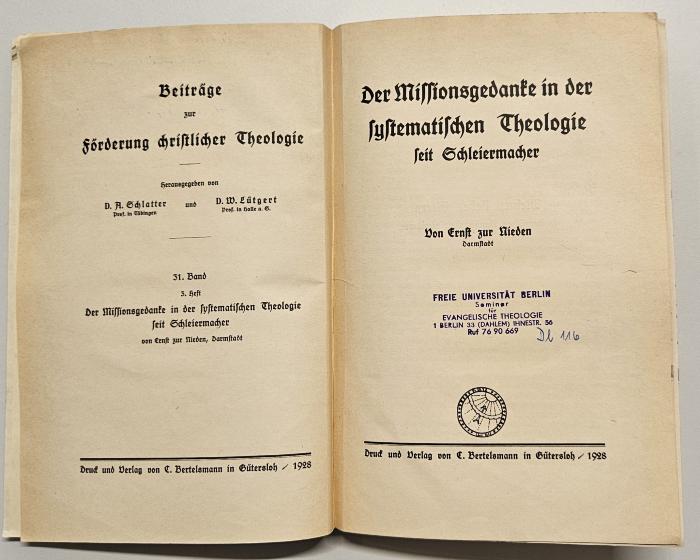 BT 7120 Z96 : Der Missionsgedanke in der Systematischen Theologie seit Schleiermacher (1928)