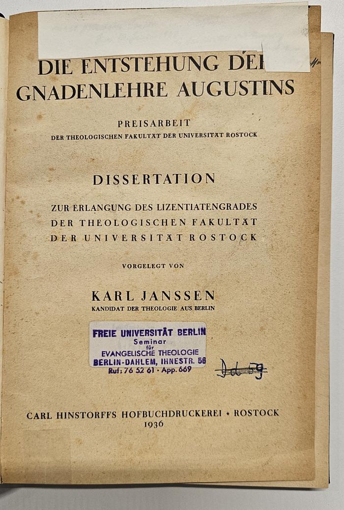 FX 350955 J35 : Die Entstehung der Gnadenlehre Augustins (1936)