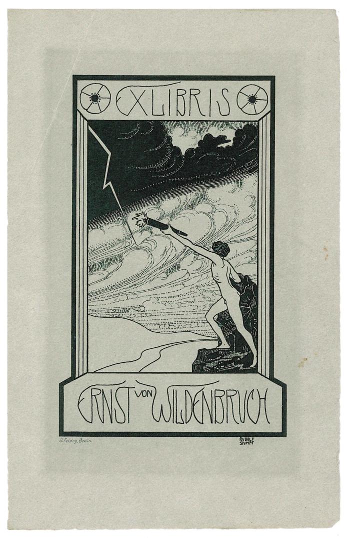 RaW 26;- (Wildenbruch, Ernst von), Etikett: Exlibris, Abbildung, Name; 'Ex Libris
Ernst von Wildenbruch
O. Felsing Berlin
Rudolf Stumpf'.  (Prototyp)