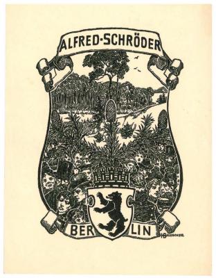 RaW 6;- (Schröder, Alfred), Etikett: Exlibris, Abbildung, Wappen, Name, Ortsangabe; 'Alfred Schröder
Berlin
HBaluschek'.  (Prototyp)