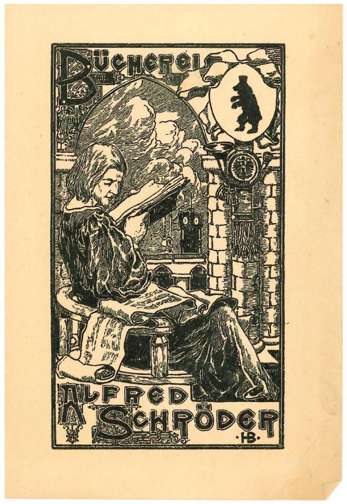 RaW 8;- (Schröder, Alfred), Etikett: Abbildung, Exlibris, Name; 'Bücherei
Alfred Schröder
HB'.  (Prototyp)