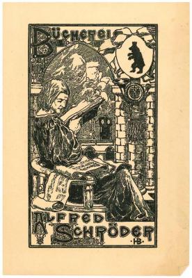 RaW 8;- (Schröder, Alfred), Etikett: Abbildung, Exlibris, Name; 'Bücherei
Alfred Schröder
HB'.  (Prototyp)