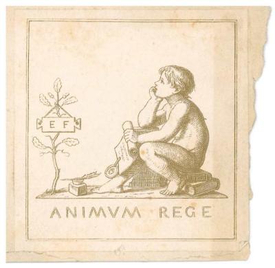 RaW 32;- (Friedlaender, Ernst), Etikett: Abbildung, Exlibris, Initiale, Motto; 'E F
Animum rege'.  (Prototyp)