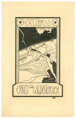 RaW 30;- (Wildenbruch, Ernst von), Etikett: Abbildung, Name, Exlibris; 'Ex Libris Ernst von Wildenbruch
O. Felsing Berlin
Rudolf Stumpf'.  (Prototyp)