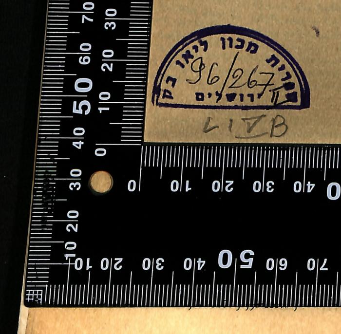 - (Leo Baeck Institute Jerusalem), Stempel: Berufsangabe/Titel/Branche, Name, Ortsangabe, Datum, Exemplarnummer, Signatur; 'ספרית מכון ליאו בק ירושלים
96/267 II

LI V B'. 