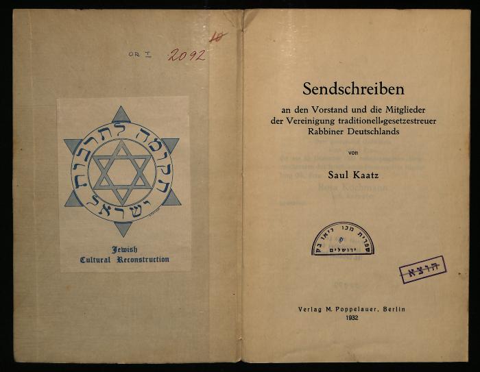 OR I 2092 : Sendschreiben an den Vorstand und die Mitglieder der Vereinigung traditionell-gesetzestreuer Rabbiner Deutschlands (1932)