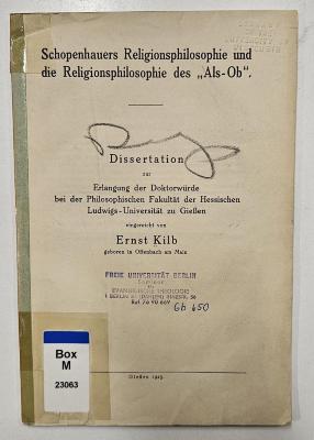 Box M 23063 : Schopenhauers Religionsphilosophie und die Religionsphilosophie des "Als-Ob" (1925)