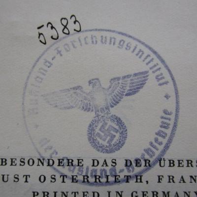 Hk 348 2.Ex.: Das Wandelbare Sein : Die Hauptthemen der Ontologie Augustins (1938);- (Ausland-Hochschule (Berlin). Bibliothek), Stempel: Abbildung, Name; 'Ausland-Forschungsinstitut der Ausland-Hochschule'.  (Prototyp)