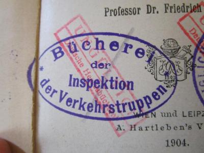 - (Inspektion der Verkehrstruppen, Bücherei), Stempel: Berufsangabe/Titel/Branche; 'Bücherei der Inspektion der Verkehrstruppen'. 