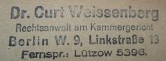 G45II / 1221 (Weissenberg, Curt), Stempel: Name, Ortsangabe, Berufsangabe/Titel/Branche; 'Dr. Curt Weissenberg 
Rechtsanwalt am Kammergericht
Berlin W. 9, Linkstraße 13
Fernspr.: Lützow 5396'.  (Prototyp)