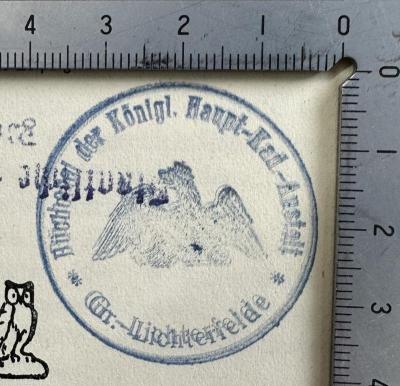 G46 / 3439 (Hauptkadettenanstalt Groß-Lichterfelde. Bücherei), Stempel: Name, Ortsangabe, Abbildung; 'Bücherei der Königl. Haupt-Kad.-Anstalt
Gr.-Lichterfelde'.  (Prototyp)