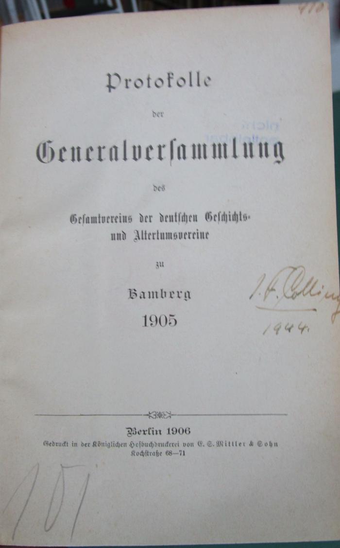 Aa 1253: Protokolle der Generalversammlung des Gesamtvereins der deutschen Geschichts- und Altertumsvereine zu Bamberg 1905 (1906)
