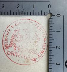 - (Königliche Haupt-Cadetten-Anstalt Lichterfelde, Bibliothek), Stempel: Wappen, Berufsangabe/Titel/Branche, Ortsangabe; 'Bibliothek d. Kön. Haupt-Cadetten-Anstalt Lichterfelde'.  (Prototyp)