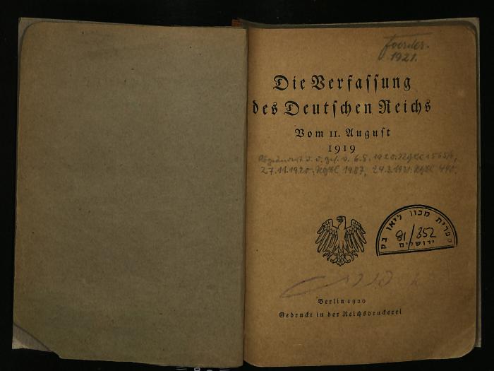 RE I 81/352 : Die Verfassung des Deutschen Reiches; Vom 11. August 1919. (1920)