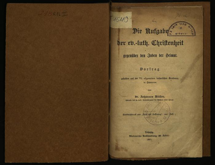 REL II 213 : Die Aufgabe der evangelisch-lutheranischen Christenheit gegenüber den Juden der Heimat. Vortrag. (1891)