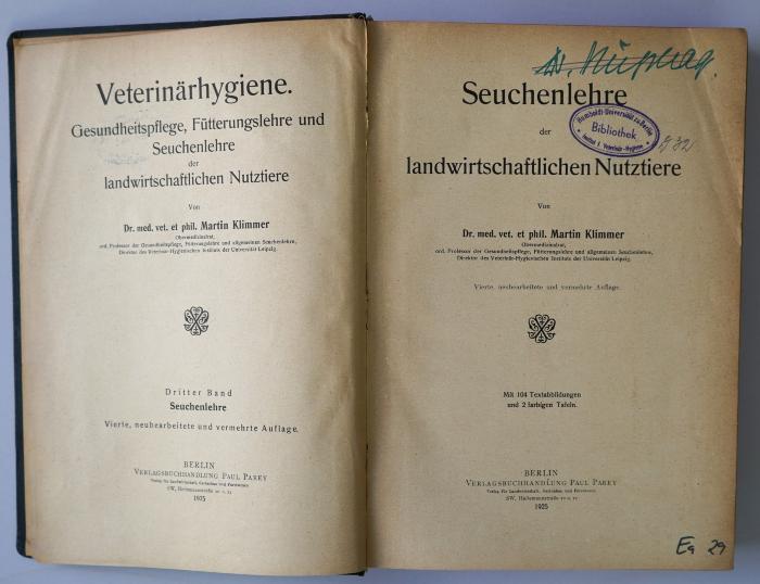 Ea 29 : Seuchenlehre der landwirtschaftlichen Nutztiere (1925)
